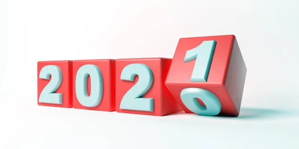 2021 νέα χρονιά αλλαγή, Κόκκινοι κύβοι απομονώνονται σε λευκό φόντο. εικονογράφηση 3D — Φωτογραφία Αρχείου
