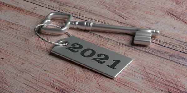 2021 Nuevo año, Etiqueta 2021 en la llave de la puerta contra la madera. ilustración 3d —  Fotos de Stock