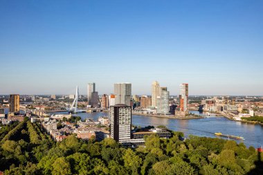 Rotterdam Hollanda şehir manzarası ve Erasmus köprüsü. Euromast kulesinden havadan görünüm, güneşli bir gün