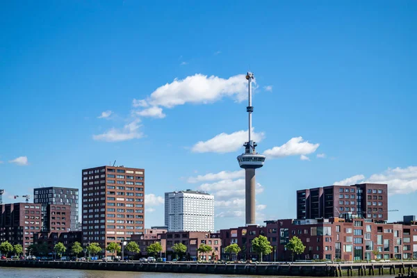 Şehir manzarası ve limana yakın Maas Nehri. Rotterdam, Hollanda. — Stok fotoğraf