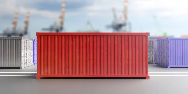 Cargo containers, blur harbor background. Import export, logistics concept. 3d illustration