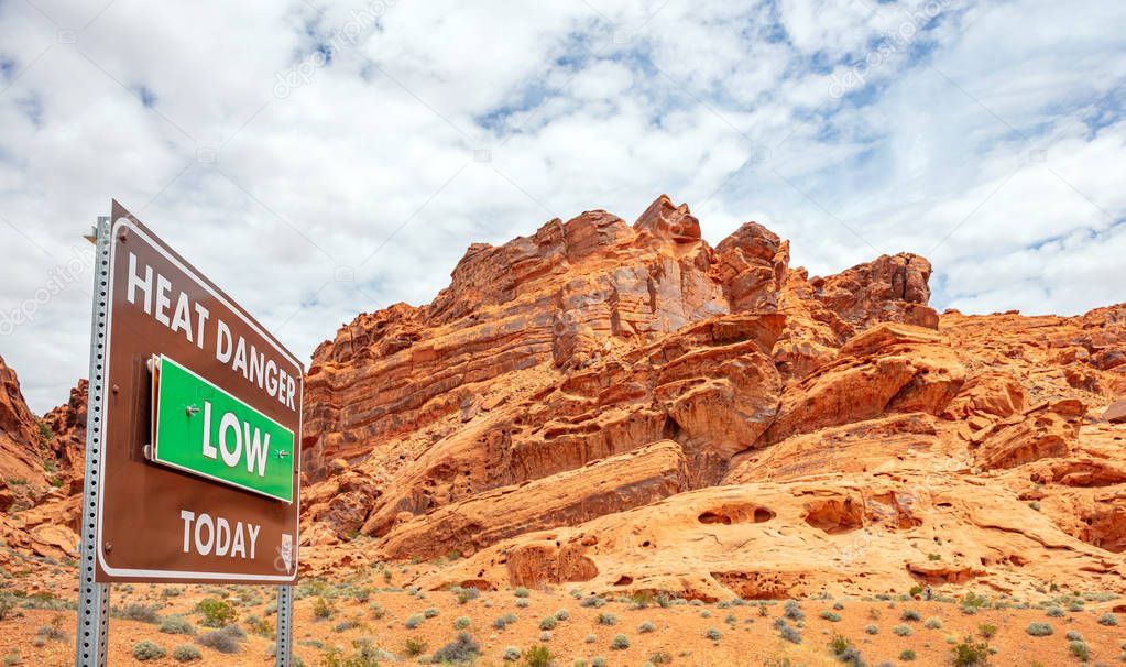 Valley of fire state park, Nevada USA. Information sign text Heat danger low today,