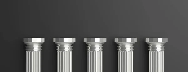 Five silver pillars against black wall background. 3d illustration — Stock Photo, Image