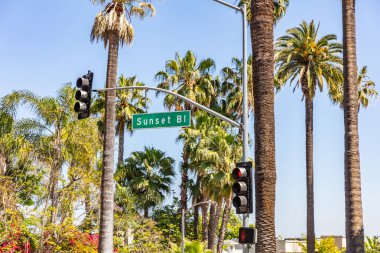 Sunset Bl. La, Kaliforniya, ABD. Yeşil işaret, kırmızı trafik ışıkları ve palmiye ağaçları