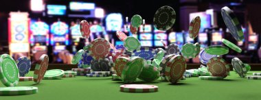 Yeşil keçe rulet masasına düşen poker fişleri, casino iç arka plan bulanıklık. 3d illüstrasyon