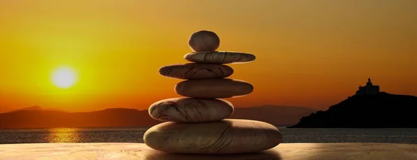 Zen Stones op zonsopgang achtergrond. 3D-illustratie — Stockfoto