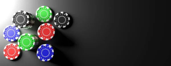 Jetoane de poker de cazino pe fundal negru, banner, spațiu de copiere. Ilustrație 3d — Fotografie, imagine de stoc