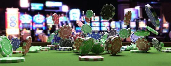 Chip di poker che cadono su tavolo da roulette verde feltro, sfondo interno del casinò sfocato. Illustrazione 3d — Foto Stock