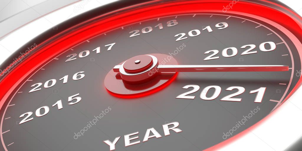 New year 2021 change, car gauge indicator between 2021 and 2020. 3d illustration