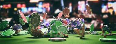 Yeşil keçe rulet masasına düşen poker fişleri, casino iç arka plan bulanıklık. 3d illüstrasyon