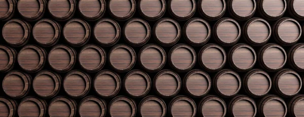 Vino, barriles de cerveza apilados, fondo completo de madera de color marrón. ilustración 3d —  Fotos de Stock