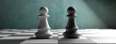 Siyah beyaz satranç piyonları bir satranç tahtası arka plan, afiş üzerinde duruyor. 3d illüstrasyon