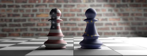 Bandeiras dos EUA e da UE peões de xadrez em um tabuleiro de xadrez. ilustração 3d — Fotografia de Stock