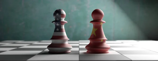China vs VS, Schaken pionnen op een schaakbord. 3D-illustratie — Stockfoto
