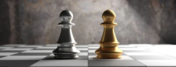 Gold and silver chess pawns standing on a chessboard background. 3d illustration — Stock Photo, Image