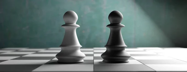 Pions d'échecs noirs et blancs debout sur un fond d'échiquier, bannière. Illustration 3d — Photo