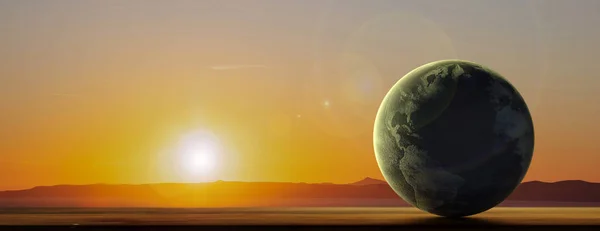 Jorden planet vid solnedgången landskap bakgrund, banner, kopiera utrymme. 3D-illustration — Stockfoto