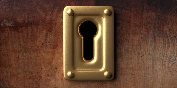 Gold keyhole, wood background, banner. 3d illustration