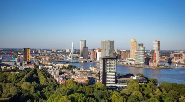 Rotterdam Paesaggio urbano olandese e ponte Erasmus. Vista aerea dalla torre Euromast, giornata di sole — Foto Stock