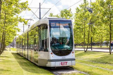 Rotterdam şehir merkezinde tramvay, yeşil ağaçlar arka plan