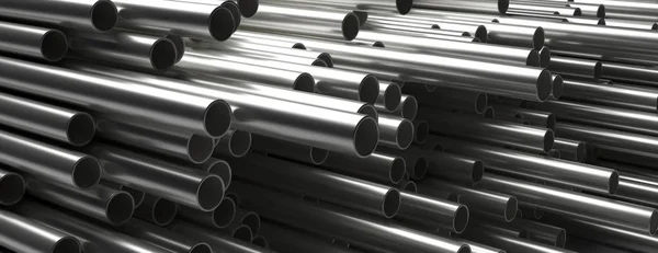 Tubos tubos de metal de aço, perfil redondo, fundo completo empilhado. ilustração 3d — Fotografia de Stock