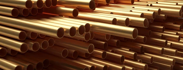 Pipes tubes copper metal, round profile, full background. 3d illustration — Stock Photo, Image