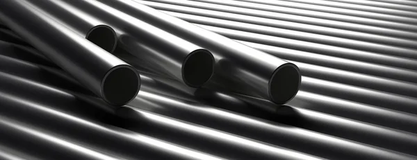 Tubos tubos de metal de acero, perfil redondo, apilados fondo completo. ilustración 3d — Foto de Stock
