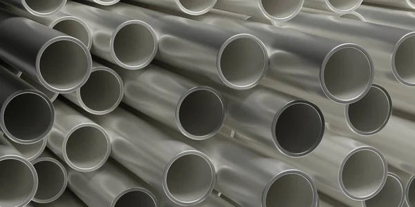 Rohre Rohre Stahl Metall, rundes Profil, gestapelt voller Hintergrund. 3D-Illustration — Stockfoto