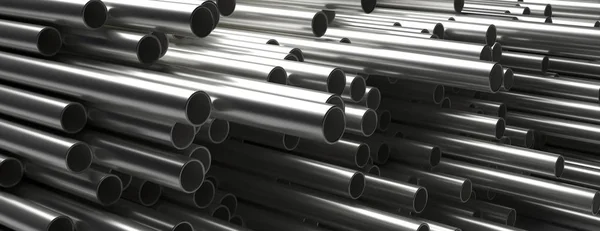 Pipes tubes steel metal, round profile, stacked full background. 3d illustration — Stock Photo, Image