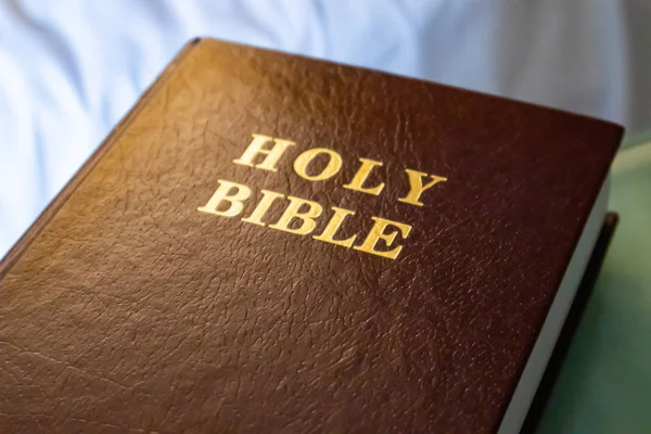 Texto de ouro da Bíblia Sagrada em um livro de capa de couro cor marrom, vista de perto . — Fotografia de Stock