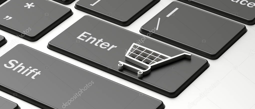 e-commerce symbol on a computer keyboard, black friday concept. 3d illustration