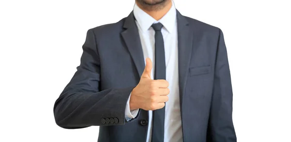 Joven empresario mostrando el pulgar hacia arriba en traje gris aislado sobre fondo blanco . —  Fotos de Stock