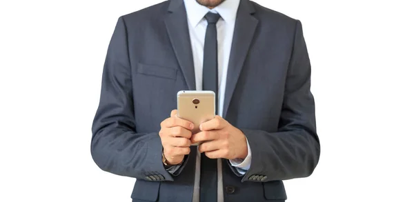 Hombre usando teléfono móvil aislado contra fondo blanco —  Fotos de Stock