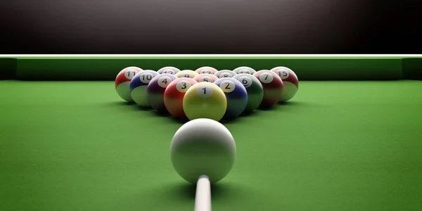 Billiard table, pool balls set on green felt. 3d illustration