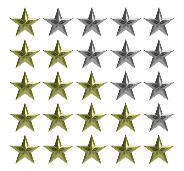 Quadro di valutazione stelle oro e argento su sfondo bianco. Illustrazione 3d — Foto Stock