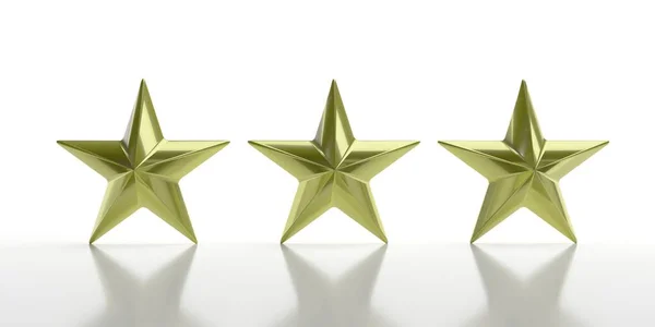 Drie gouden sterren geïsoleerd tegen wit, rating concept. 3D-illustratie — Stockfoto