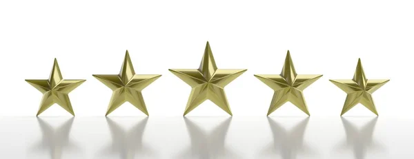 Five golden stars isolated against white, rating concept. 3d illustration — Stock Photo, Image