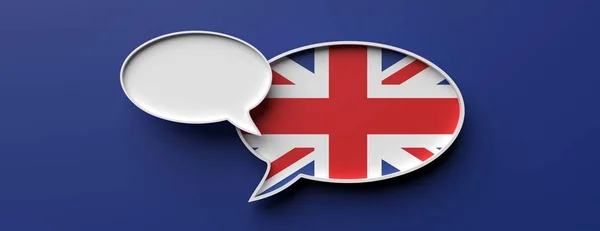 UK flag talk balloon and blank speech bubble on blue, banner. 3d illustration — Stock Photo, Image