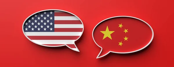 Bolle di discorso della bandiera cinese e americana sullo sfondo rosso. Illustrazione 3d — Foto Stock