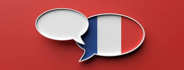 France flag talk balloon and blank speech bubble on red, banner. 3d illustration — Stock Photo, Image