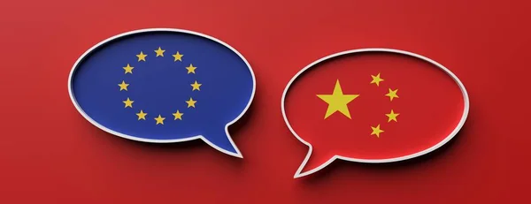 Європейський Союз і Китай прапор мови бульбашки на червоному фоні. 3D ілюстрація — стокове фото