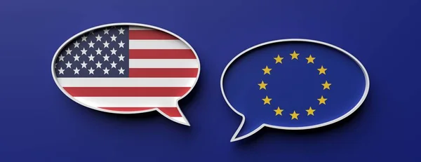 США і ЄС прапор мови бульбашки на синьому фоні. 3D ілюстрація — стокове фото