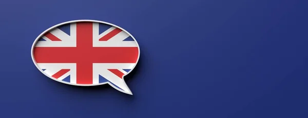 Bandera del Reino Unido hablar globo aislado en azul, bandera. Concepto de lecciones de inglés. ilustración 3d —  Fotos de Stock
