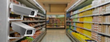 Gözetleme kamerası, market raflarında cctv sistemi. 3d illüstrasyon