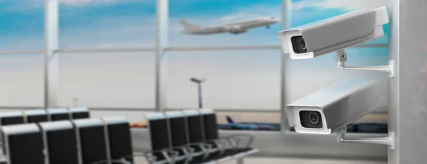 Überwachungskamera, cctv-System am Flughafen drinnen. 3D-Illustration — Stockfoto