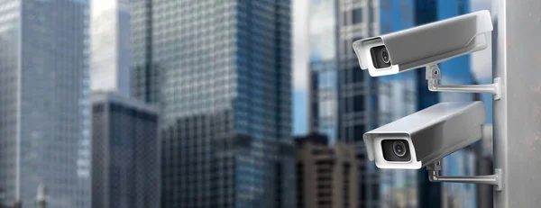Камера наблюдения, система видеонаблюдения в центре города. 3d иллюстрация — стоковое фото