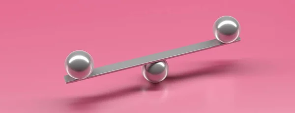 Balles argentées équilibrées sur un faisceau d'échelle, fond rose, bannière. Illustration 3d — Photo