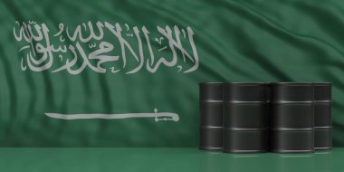 Suudi Arabistan bayrak arka plan karşı yakıt davul. 3d illüstrasyon