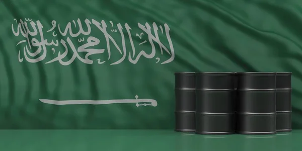 사우디 아라비아 국기 배경에 대한 연료 드럼. 3D 일러스트레이션 — 스톡 사진