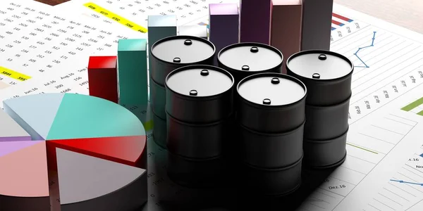 Oil barrels and chart pie on data analysis background, 3d illustration — Stock Photo, Image